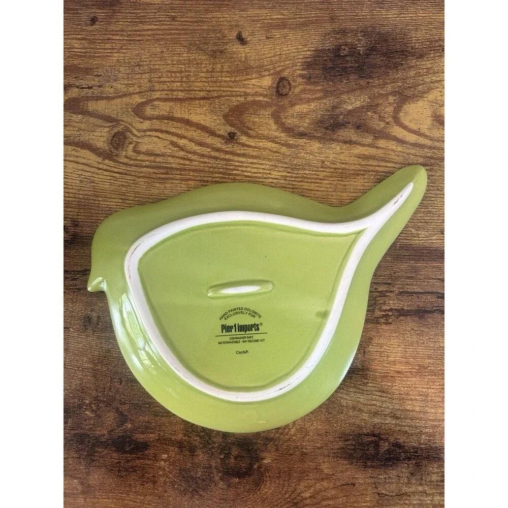 Pier 1 Imports Green Bird Ceramic Colander Trinket Dish Hand Painted Decor VTG